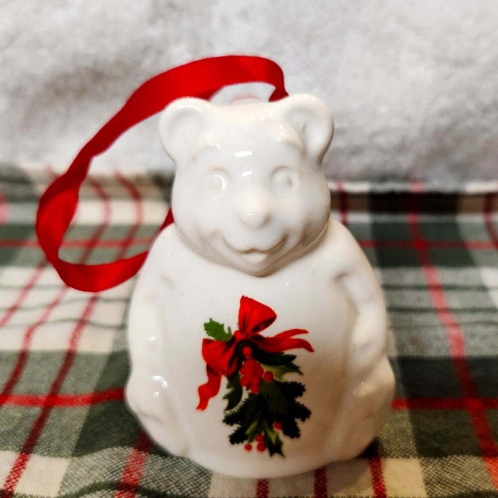 🎄 Pfaltzgraff Christmas Teddy Bear Bell Ornament Stoneware 1994